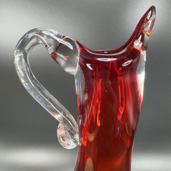 Heavy Hand Blown Glass Pitcher Vase Carafe Multicolor Applied Swirl Glass Decor - Picture 7 of 16